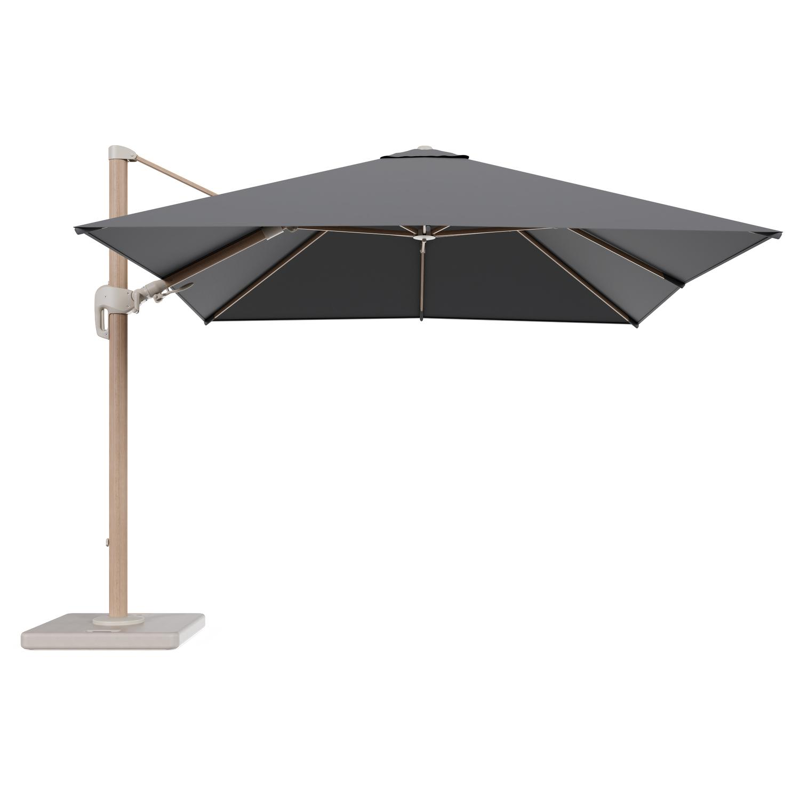 Rufina zweefparasol tiltfunctie in houtlook aluminium en parasoldoek in All Weather Sunbrella® Luxe Natte Charcoal Chine - L1 300 x L2 300 cm met parasolvoet Lapido 120 kg