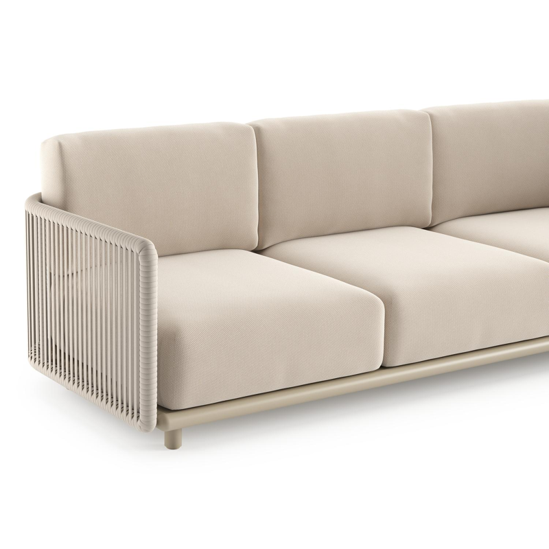 Organo loungehoek in beige aluminium en beige verticaal geweven luxe vlakke rope met lopi antique all weather Sunbrella® luxe kussen