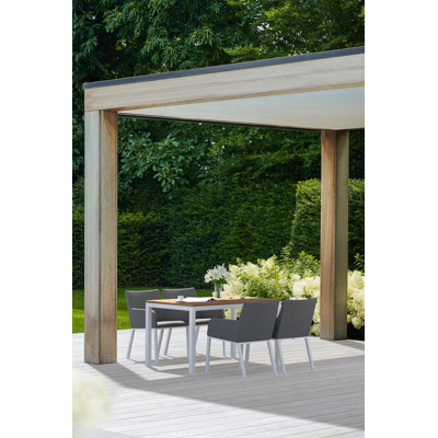 Feltro tuinset in wit aluminium en naturel teak tafelblad met 4 Rivo tuinstoelen