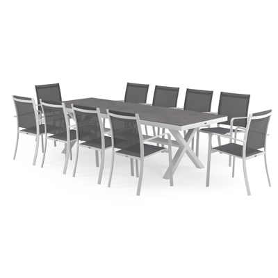 Reza tuinset in wit aluminium en grijs volkeramiek tafelblad met 10 stapelbare Calobra tuinstoelen