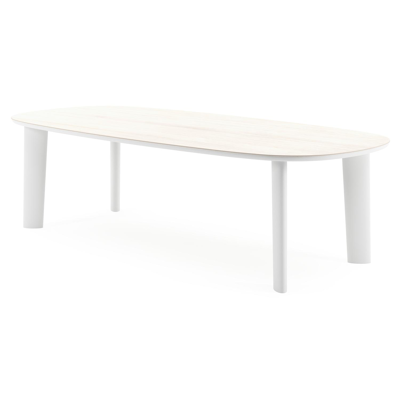 Table de jardin Amico bombo en aluminium blanc et céramique pleine Travertino Bianco - Lg. 270 x Lrg. 125 x Haut. 73.5 cm