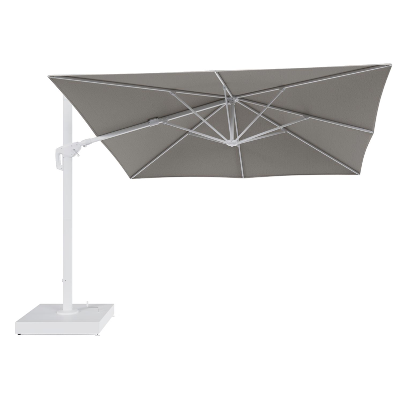 Minore zweefparasol met tiltfunctie in wit aluminium en Firenze Sand All Weather Solica parasoldoek - L1 350 x L2: 350 cm met parasolvoet Minore 260 kg met wielen