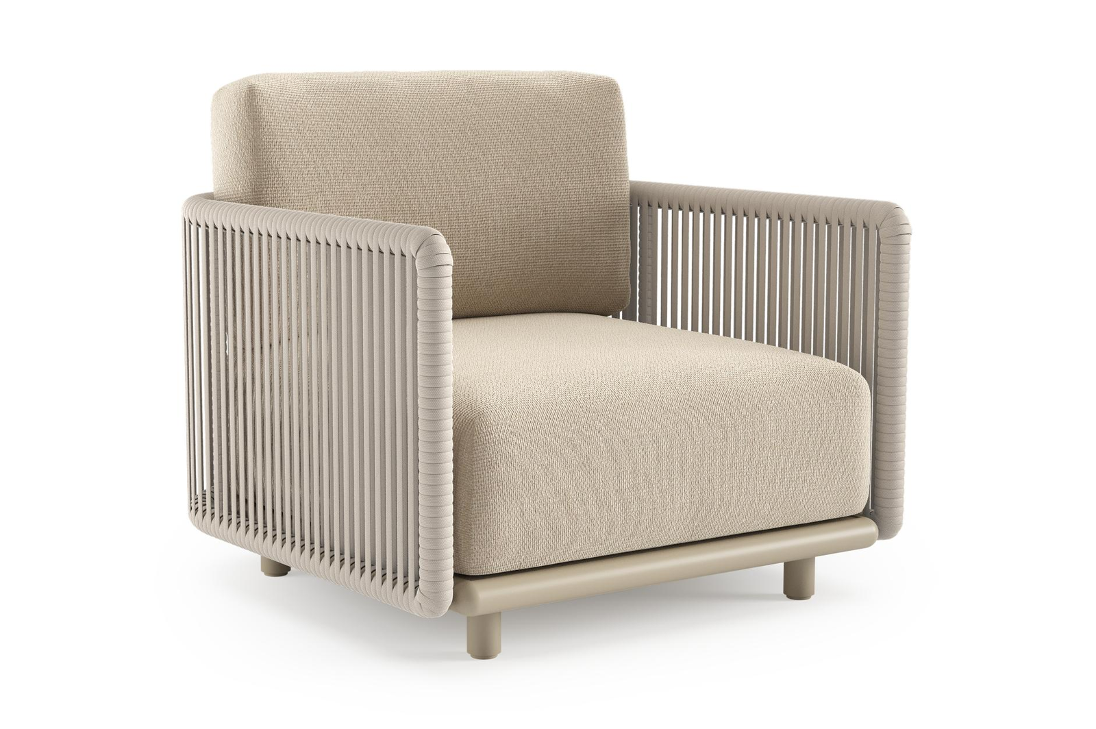 Fauteuil de jardin Organo en aluminium beige et corde luxe plate tissée verticalement beige et coussin en all weather Cosytica althea chalk