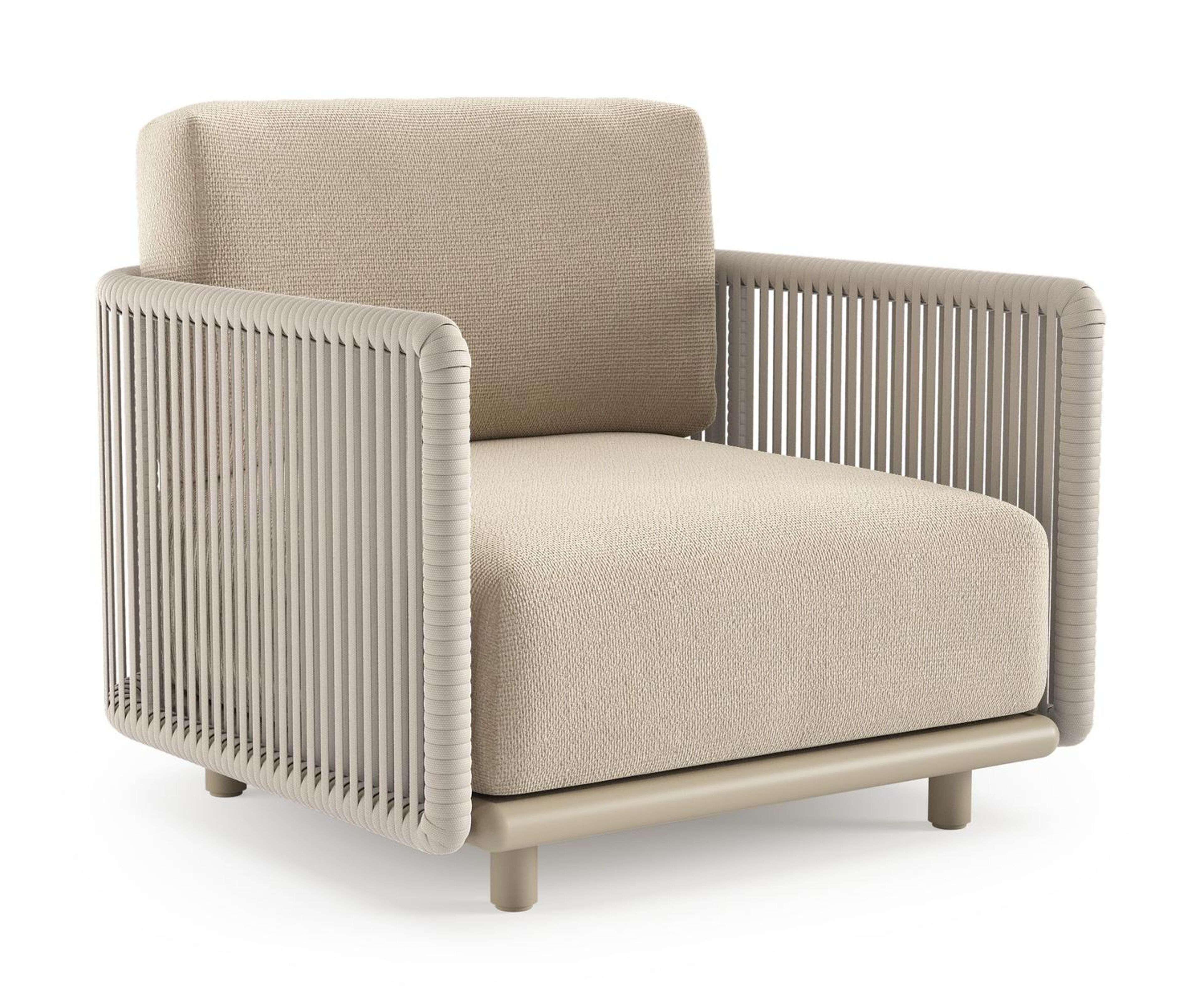 Organo loungestoel in beige aluminium en beige verticaal geweven luxe vlakke rope met althea chalk all weather Cosytica kussen