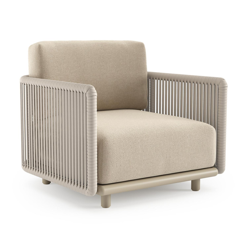 Organo loungestoel in beige aluminium en beige verticaal geweven luxe vlakke rope met althea chalk all weather Cosytica kussen