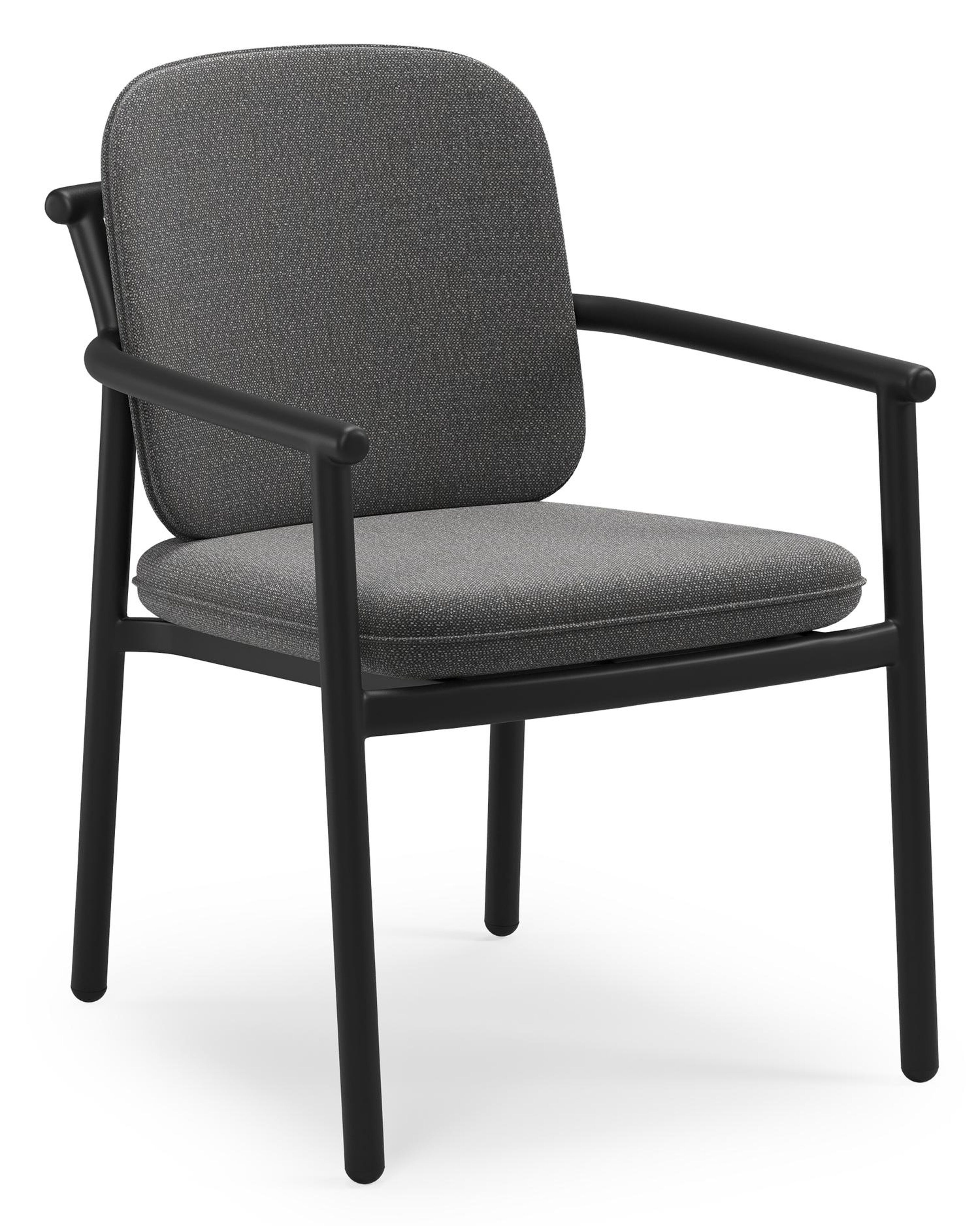 Bono stapelbare tuinstoel in zwart aluminium met stoelkussen in All Weather Sunbrella® Luxe Savane Tornado