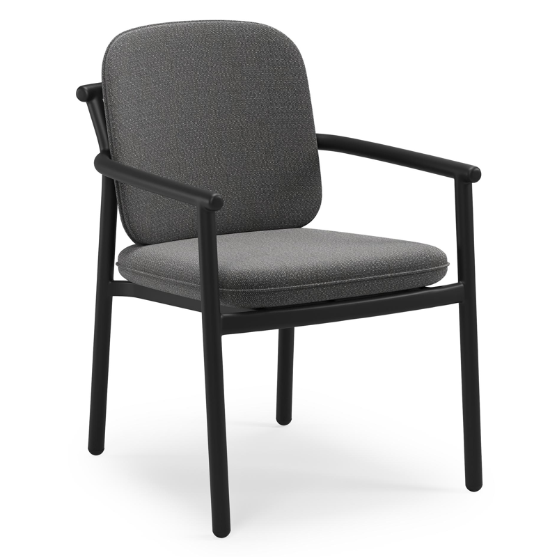 Bono stapelbare tuinstoel in zwart aluminium met stoelkussen in All Weather Sunbrella® Luxe Savane Tornado