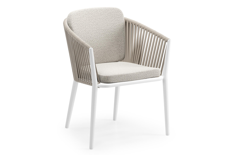 Orso tuinstoel in wit aluminium en beige verticaal geweven vlakke rope met zitkussen in All Weather Solica Firenze Natural