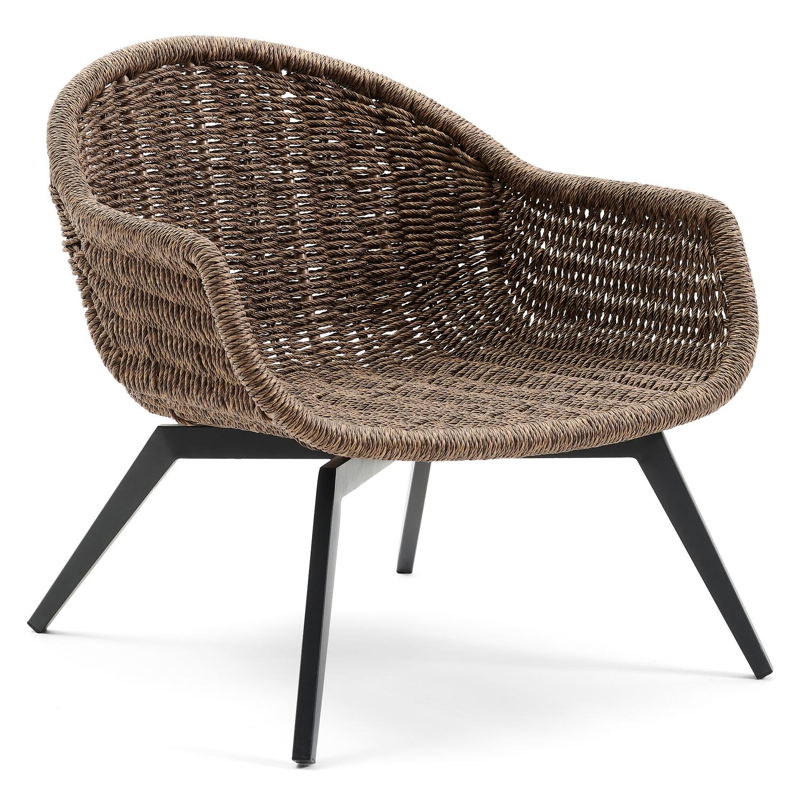 Pagino loungezetel 1-zit in zwart aluminium en bruin wicker