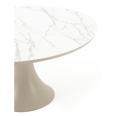 Table de jardin Fano ronde en aluminium beige et céramique pleine Calacatta - Diam. 148 x Haut. 75 cm