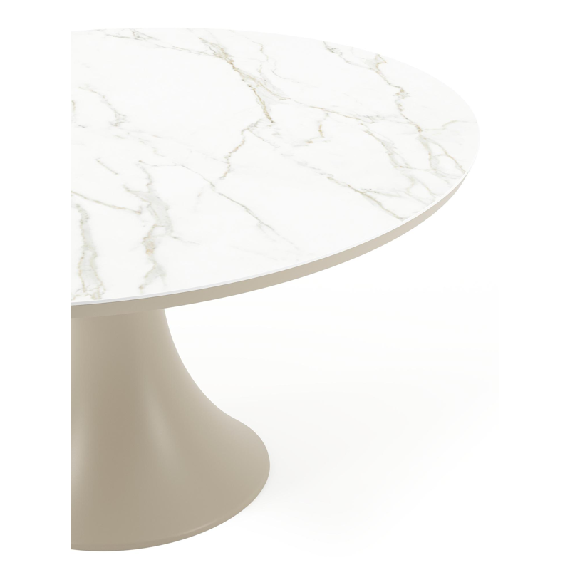 Table de jardin Fano ronde en aluminium beige et céramique pleine Calacatta - Diam. 148 x Haut. 75 cm