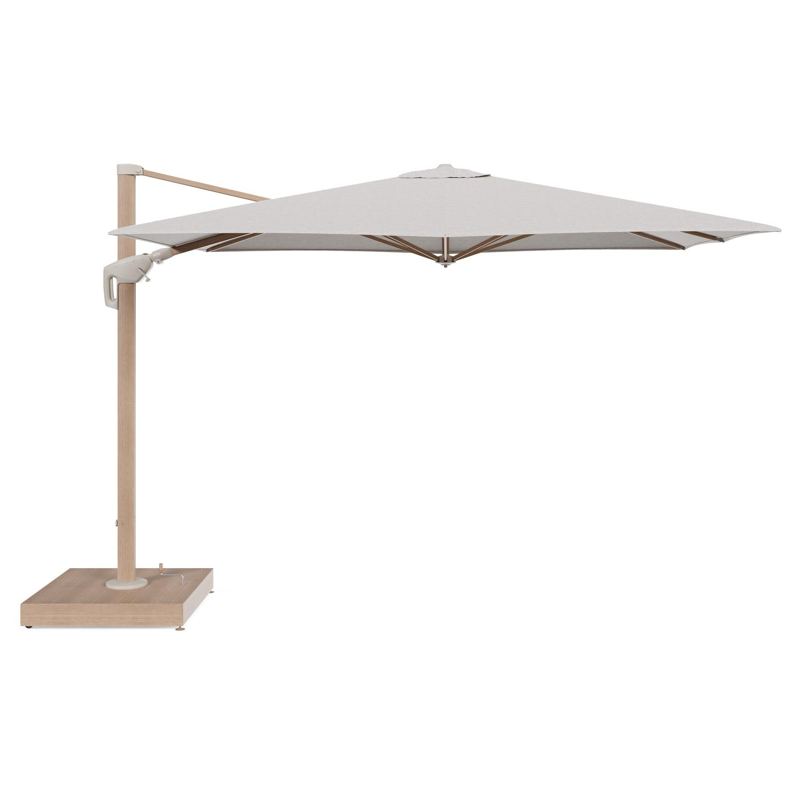 Minore zweefparasol met tiltfunctie in houtlook aluminium en Tundra Sand All Weather Sunbrella® Luxe parasoldoek - L1 280 x L2 370 cm met parasolvoet Minore 260 kg met wielen