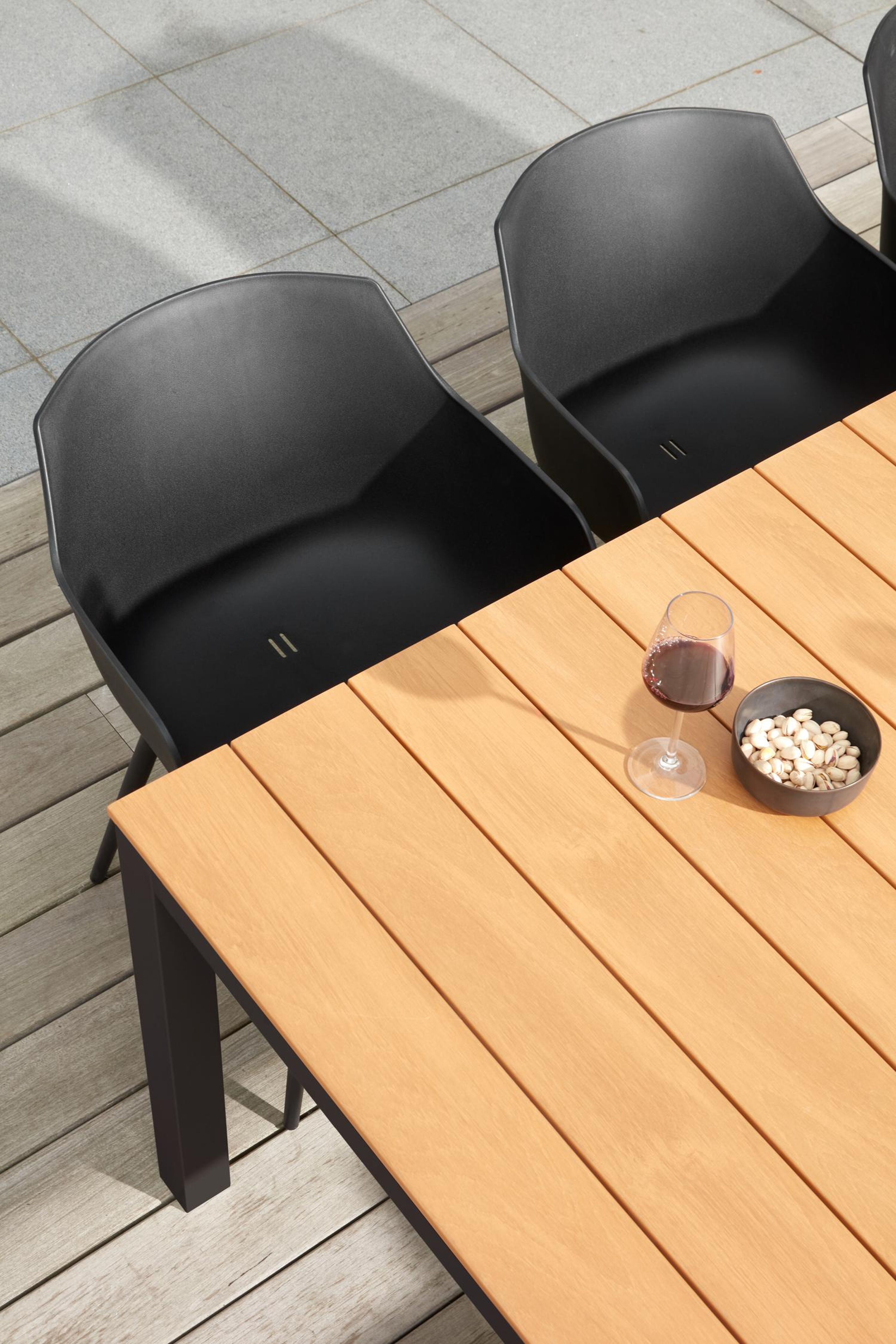 Toma tuinset in zwart aluminium en naturel polywood tafelblad met 6 Paco tuinstoelen