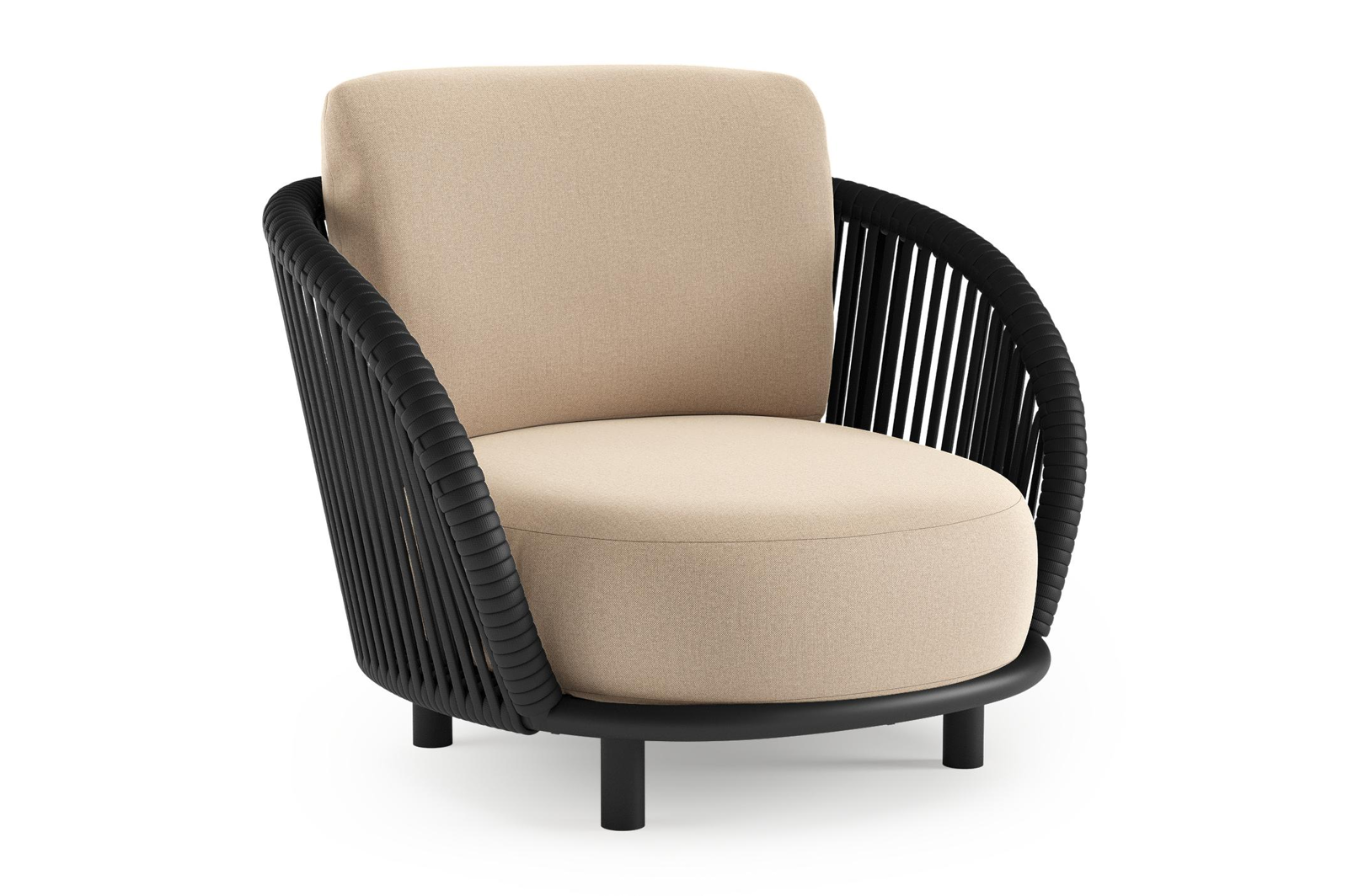 Lupino loungestoel in zwart aluminium en zwart verticaal geweven luxe vlakke brede rope met natte heather beige all weather sunbrella® luxe kussen