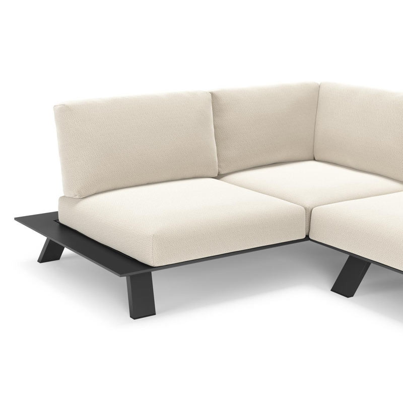 Salon de jardin d'angle Cesano en aluminium noir et coussin en all weather Sunbrella® luxe lopi marble