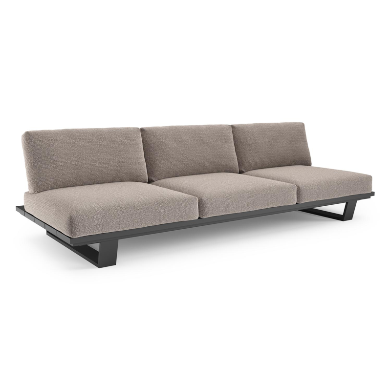 Canapé de jardin Pagino en aluminium noir et coussins en all weather sunbrella® luxe wander granite