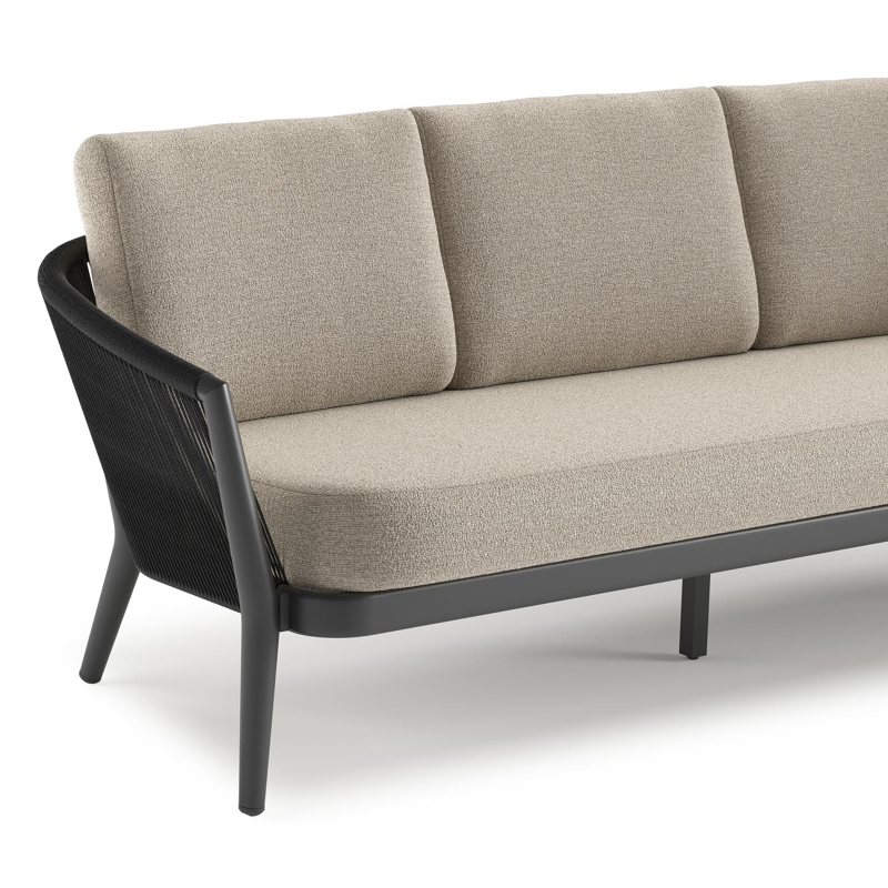 Orso loungeset in zwart aluminium en zwart verticaal geweven ronde rope met Catania Greige all weather cosytica kussen