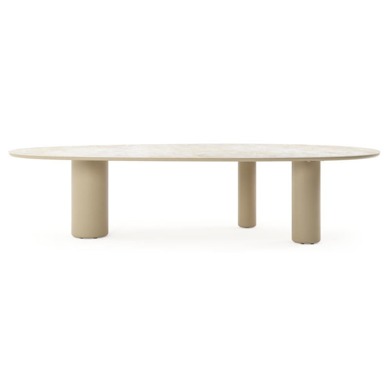 Table de jardin Amico mangue en aluminium beige et céramique pleine Rapolano - Lg. 320 x Lrg. 140 x Haut. 74 cm