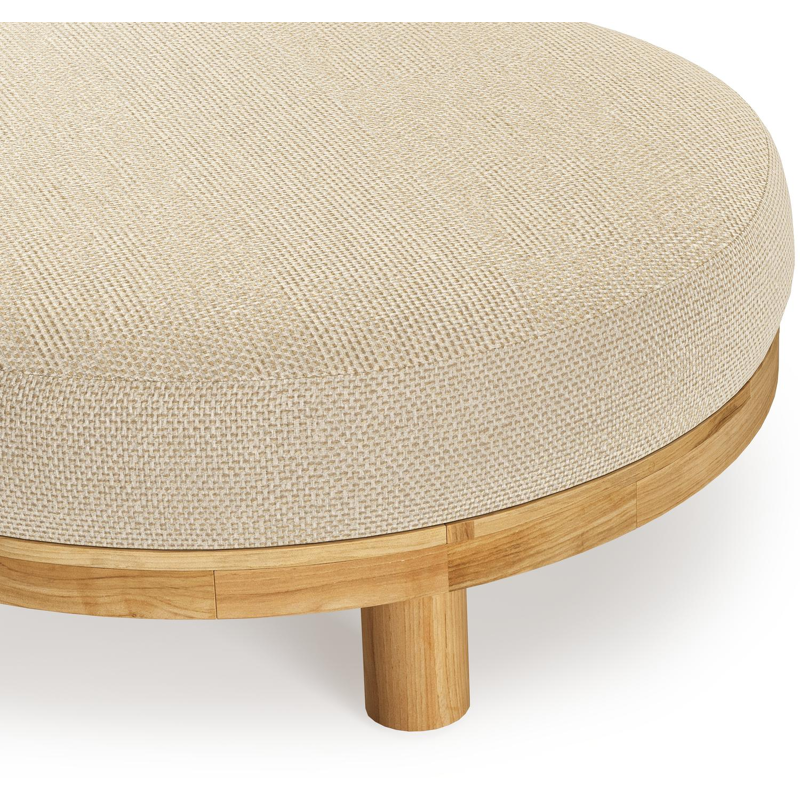 Salon de jardin pouf Donato en teck et corde ronde tissée verticalement beige et coussins en all weather cosytica Althea Camel