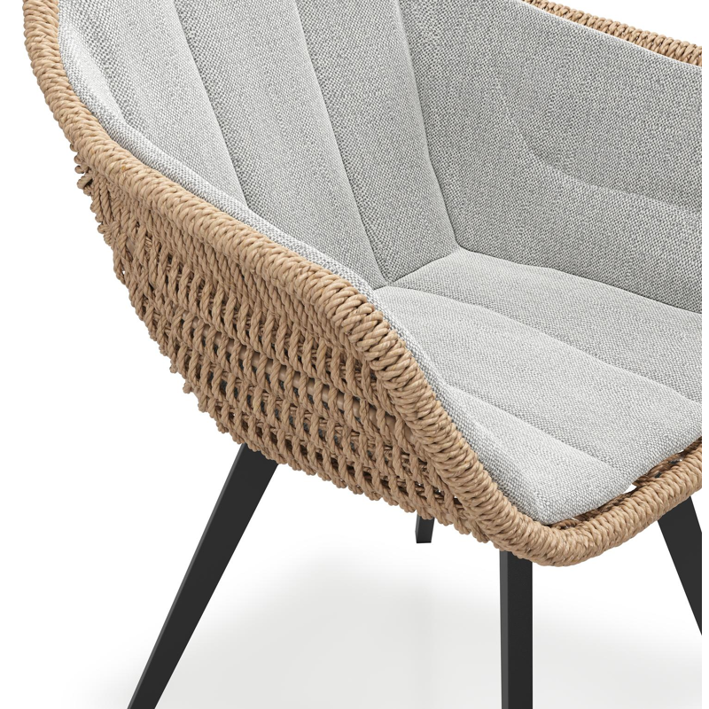 Pagino tuinstoel in zwart aluminium en naturel ronde wicker met zitkussen in All Weather Sunbrella® Luxe Savane Nimbus