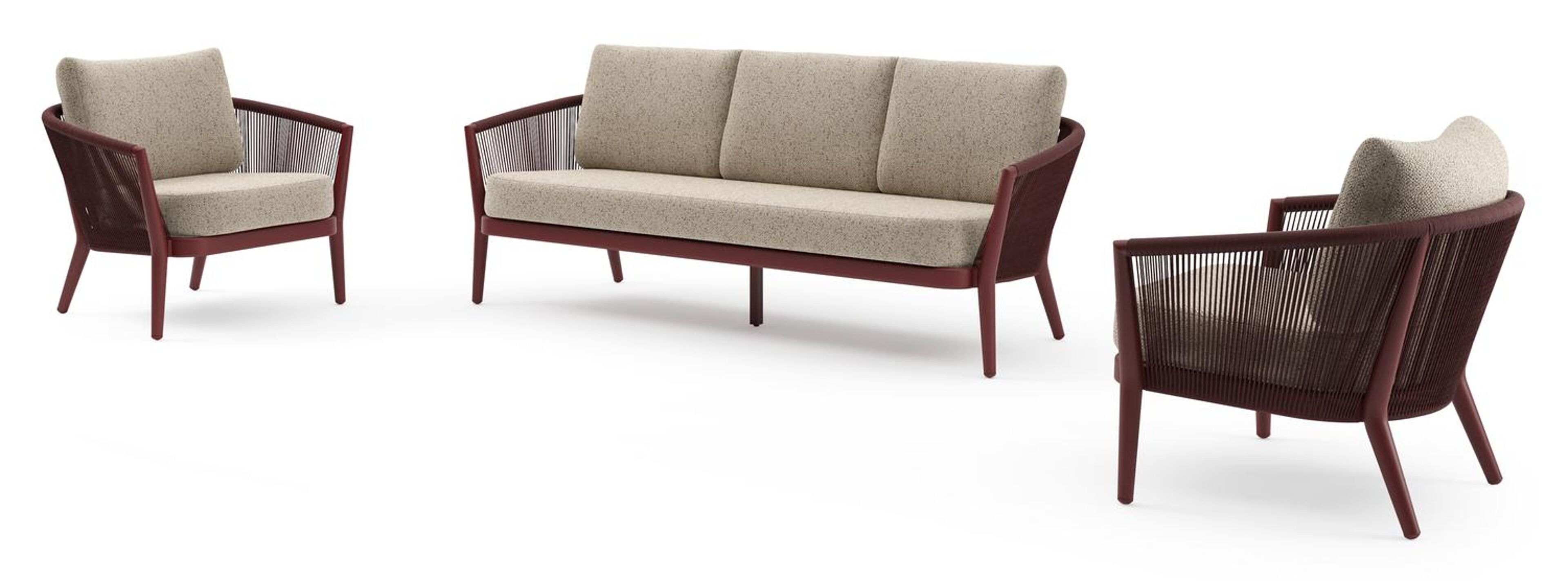 Orso loungeset in ruby aluminium en ruby verticaal geweven ronde rope met Bora Jungle all weather cosytica kussen