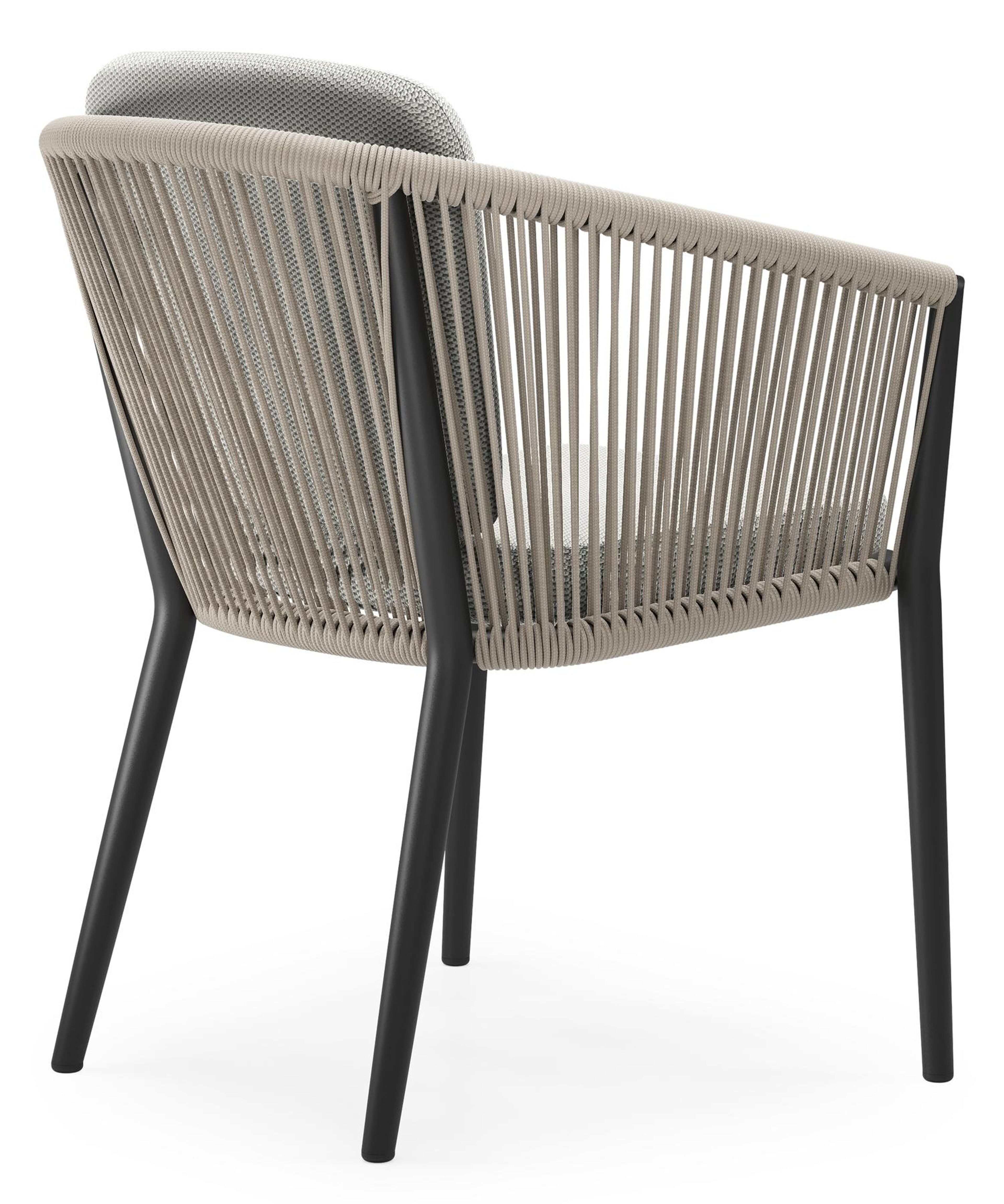 Orso tuinstoel in zwart aluminium en beige verticaal geweven ronde rope met zitkussen in All Weather Sunbrella® Luxe Lopi Ash