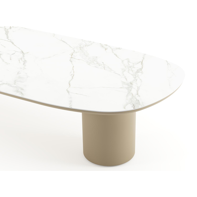 Table de jardin low dining Amico bombo en aluminium beige et céramique pleine Calacatta - Lg. 320 x Lrg. 130 x Haut. 61 cm