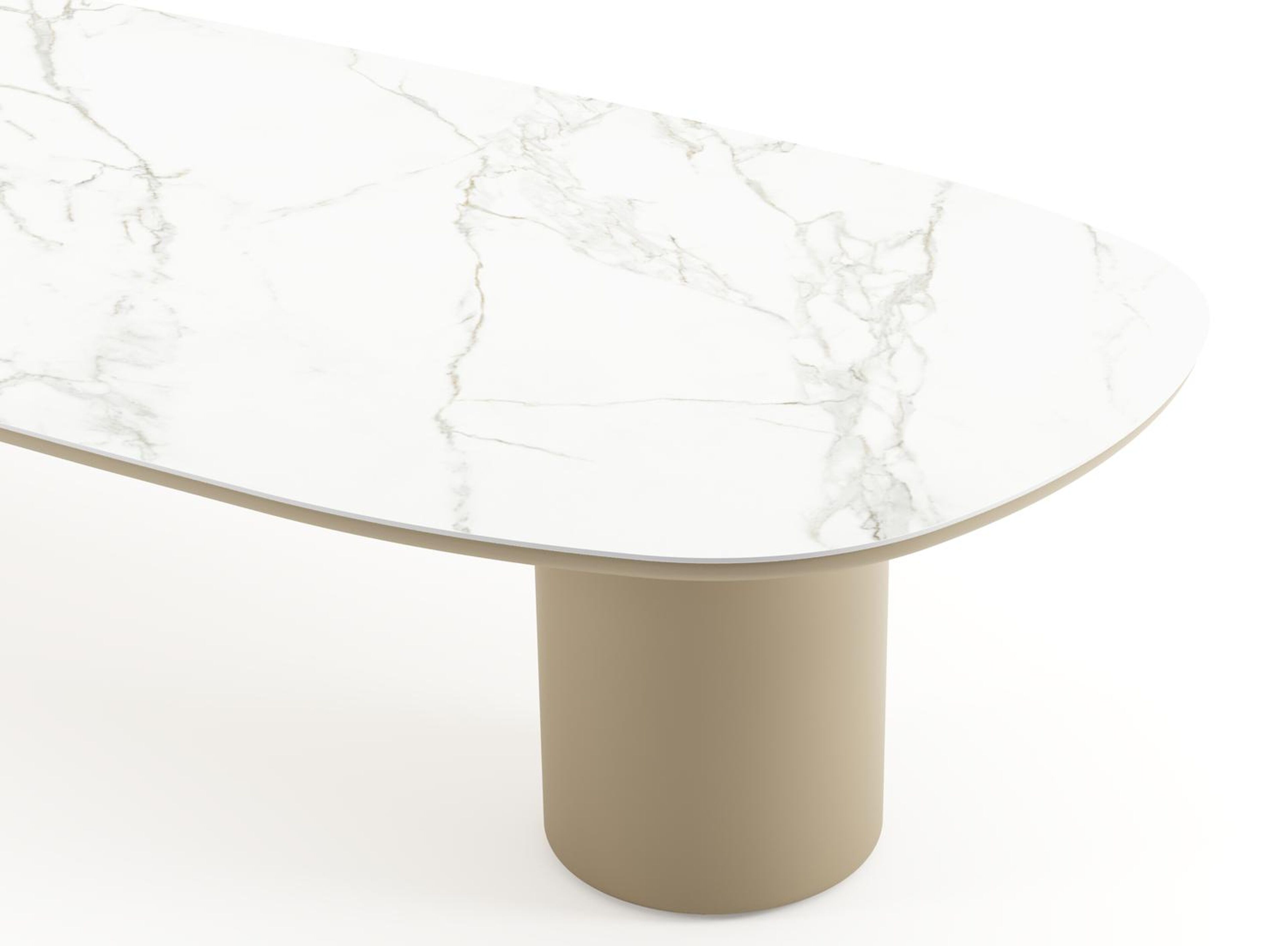 Table de jardin low dining Amico bombo en aluminium beige et céramique pleine Calacatta - Lg. 320 x Lrg. 130 x Haut. 61 cm