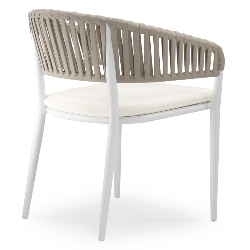 Tolfa stapelbare tuinstoel in wit aluminium en beige verticaal geweven luxe vlakke brede rope met stoelkussen in All Weather Sunbrella® Luxe Natte White