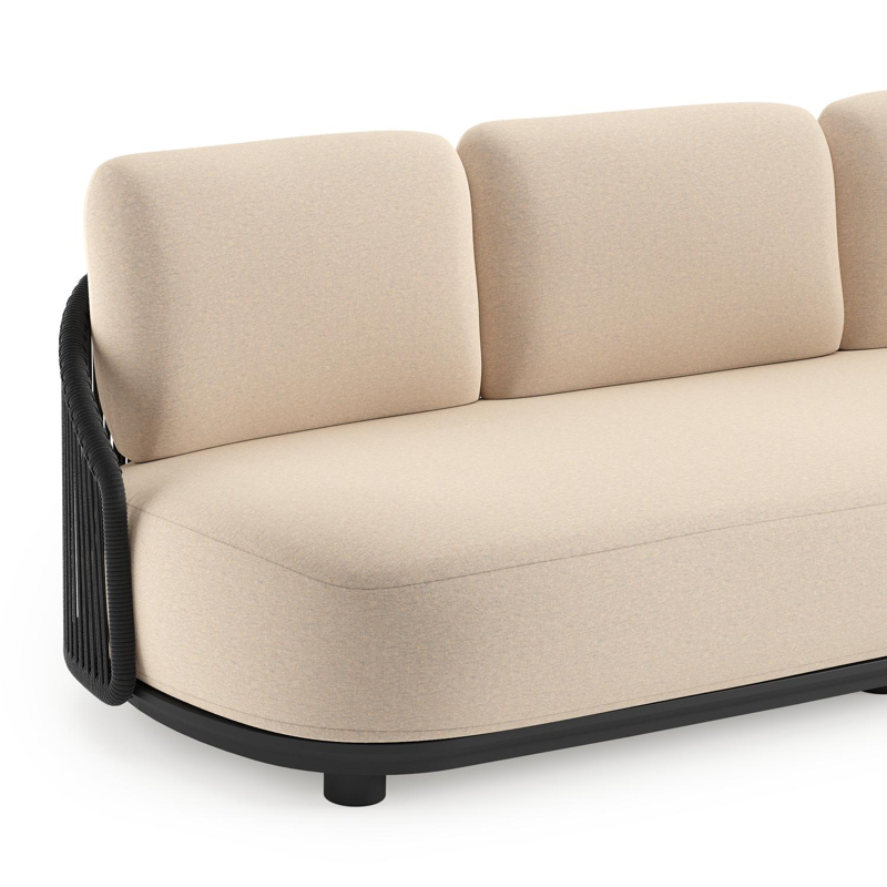 Salon de jardin Vadelo en aluminium noir et corde ronde tissée verticalement noir et coussins en all weather sunbrella® luxe heritage papyrus