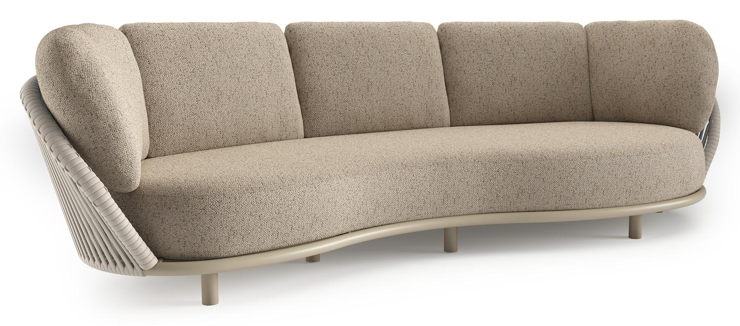 Lupino loungebank in beige aluminium en beige verticaal geweven luxe vlakke brede rope met bora jungle all weather cosytica kussen