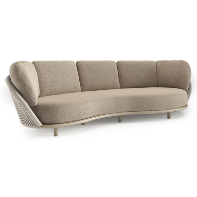 Lupino loungebank in beige aluminium en beige verticaal geweven luxe vlakke brede rope met bora jungle all weather cosytica kussen