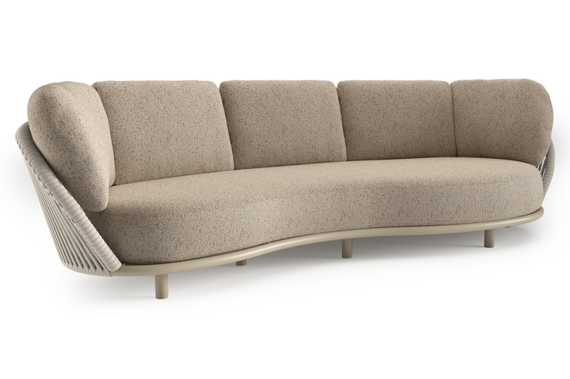 Lupino loungebank in beige aluminium en beige verticaal geweven luxe vlakke brede rope met bora jungle all weather cosytica kussen