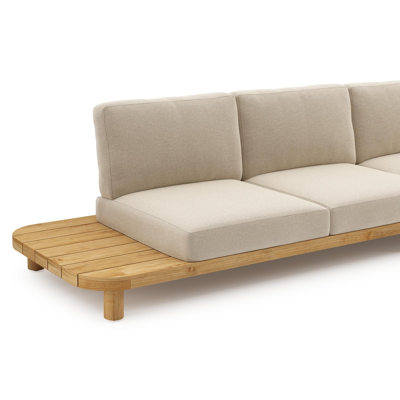 Donato loungehoek in teak en beige verticaal geweven ronde rope met all weather cosytica Althea Chalk kussen