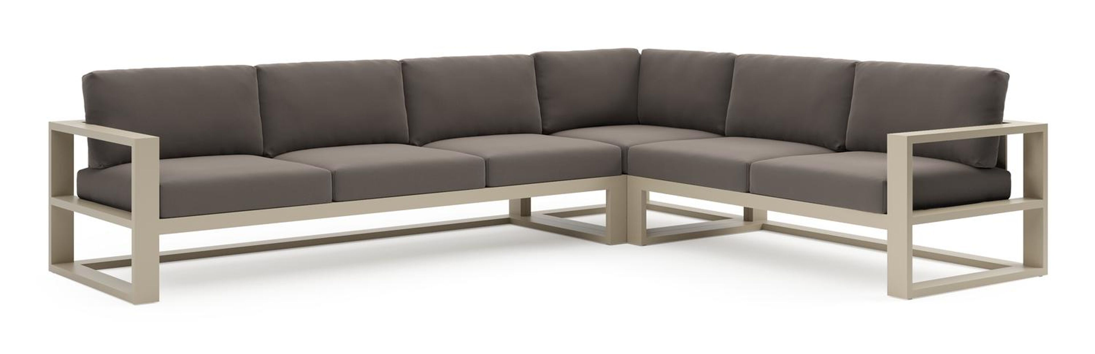 Verato loungehoek in beige aluminium met natte nature grey all weather sunbrella® luxe kussen