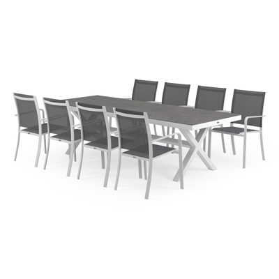 Reza tuinset in wit aluminium en grijs volkeramiek tafelblad met 8 stapelbare Calobra tuinstoelen