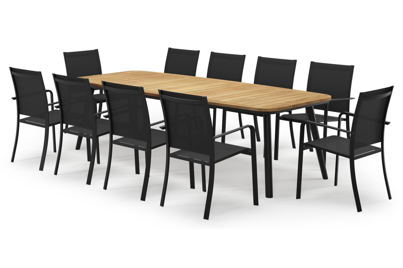 Mosa bootvormige tuinset in zwart aluminium en teak natural finish met 10 Calobra tuinstoelen