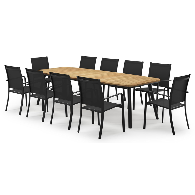 Mosa bootvormige tuinset in zwart aluminium en teak natural finish met 10 Calobra tuinstoelen