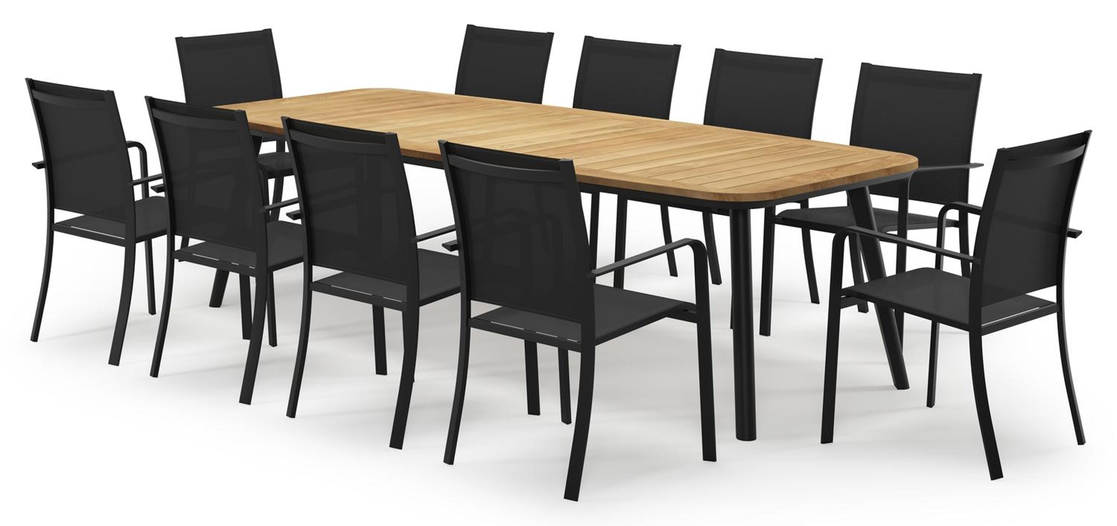 Mosa bootvormige tuinset in zwart aluminium en teak natural finish met 10 Calobra tuinstoelen