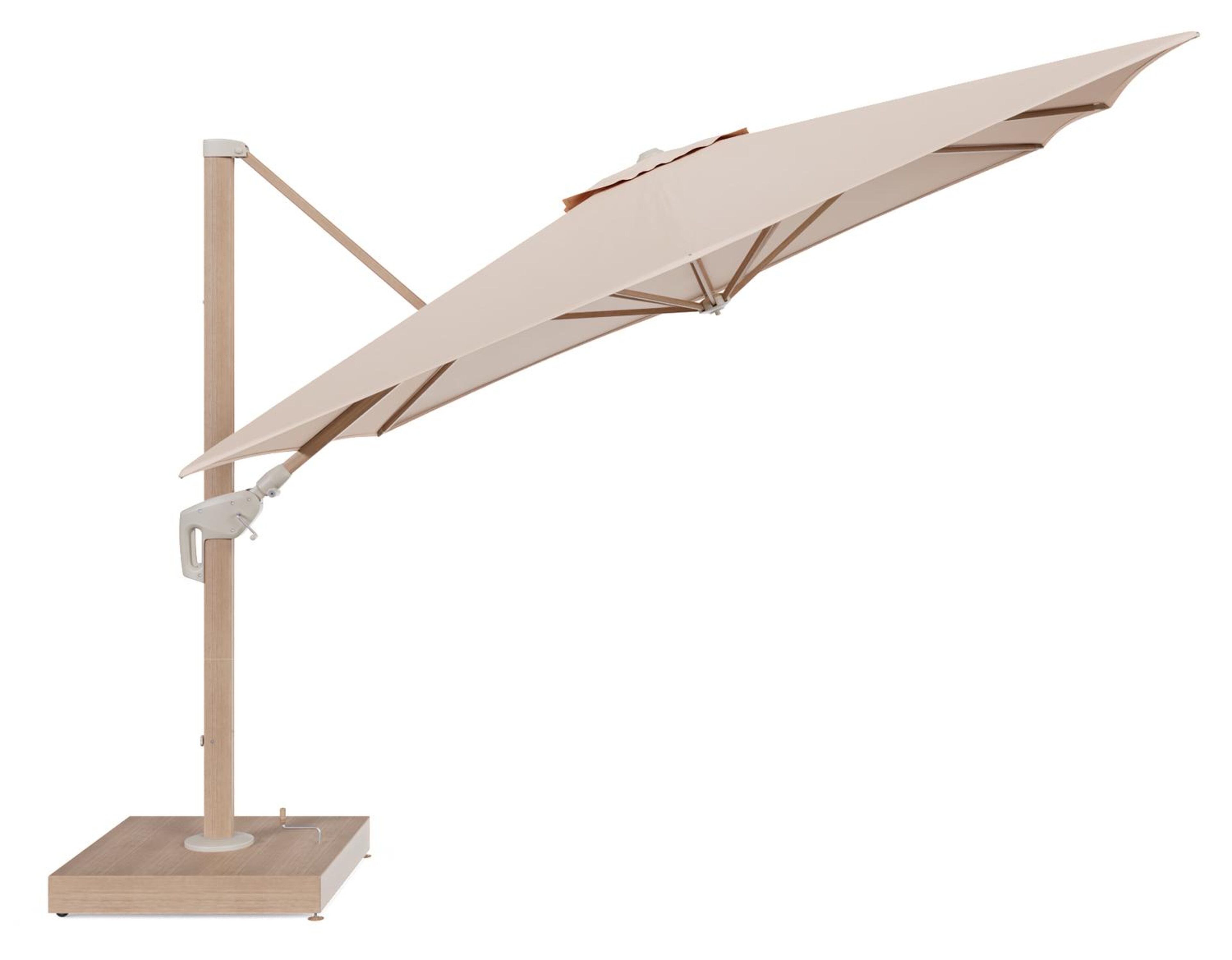 Minore zweefparasol met tiltfunctie in houtlook aluminium en Natte Linen Chalk All Weather Sunbrella® Luxe parasoldoek - L1 350 x L2 350 cm met parasolvoet Minore 260 kg met wielen