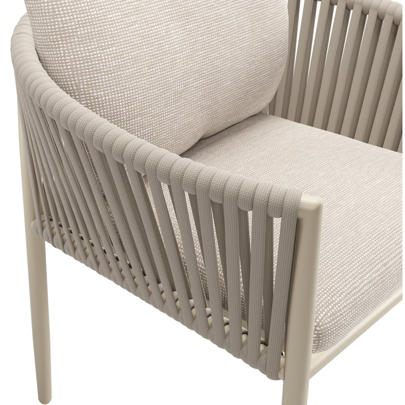 Organo tuinstoel in beige aluminium en beige verticaal geweven luxe vlakke rope met zitkussen in All Weather Sunbrella® Luxe Slow Farafra