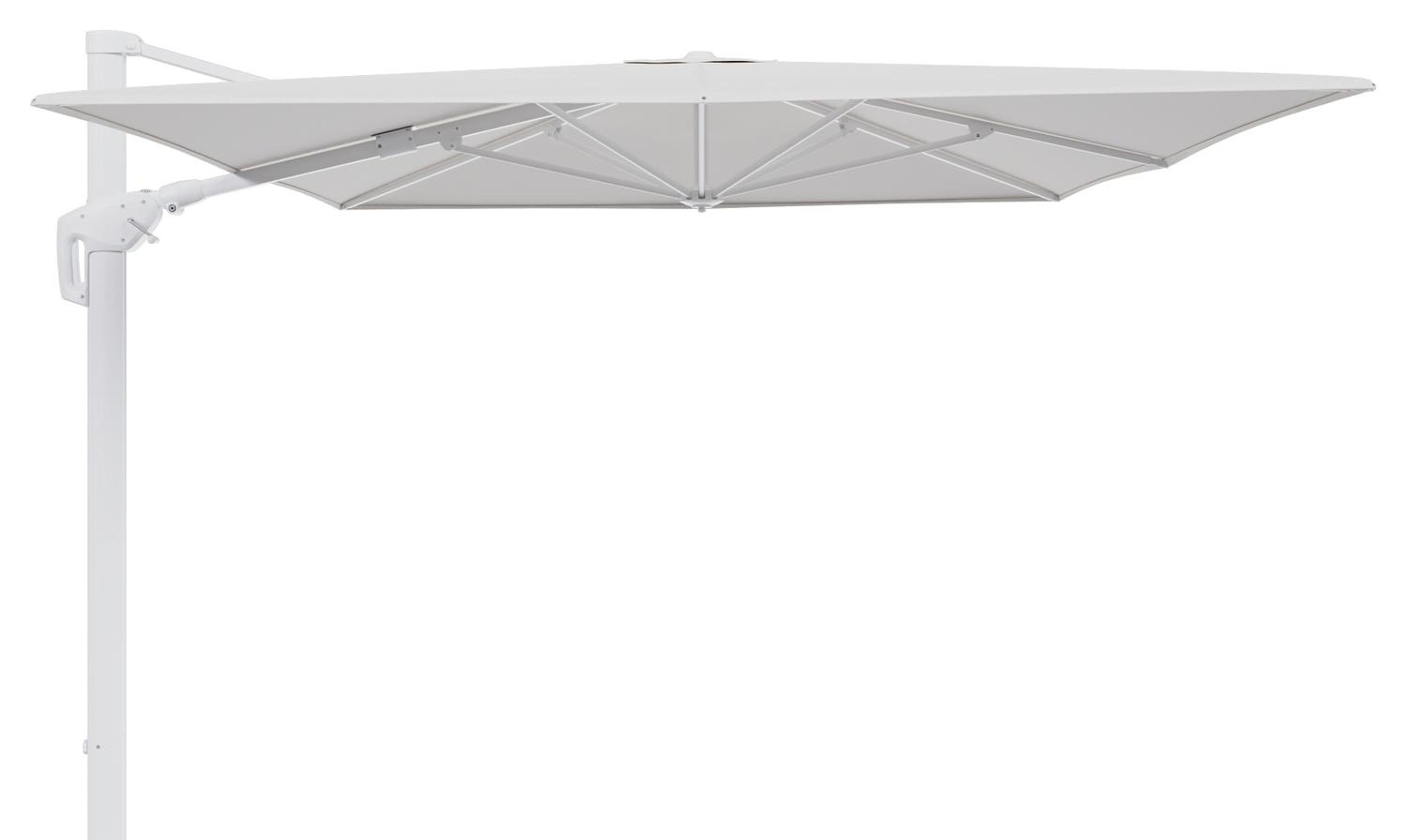 Minore zweefparasol tiltfunctie in wit aluminium en parasoldoek in All Weather Solica Soul Optik  - L1 400 x L2 300 cm (zonder voet)