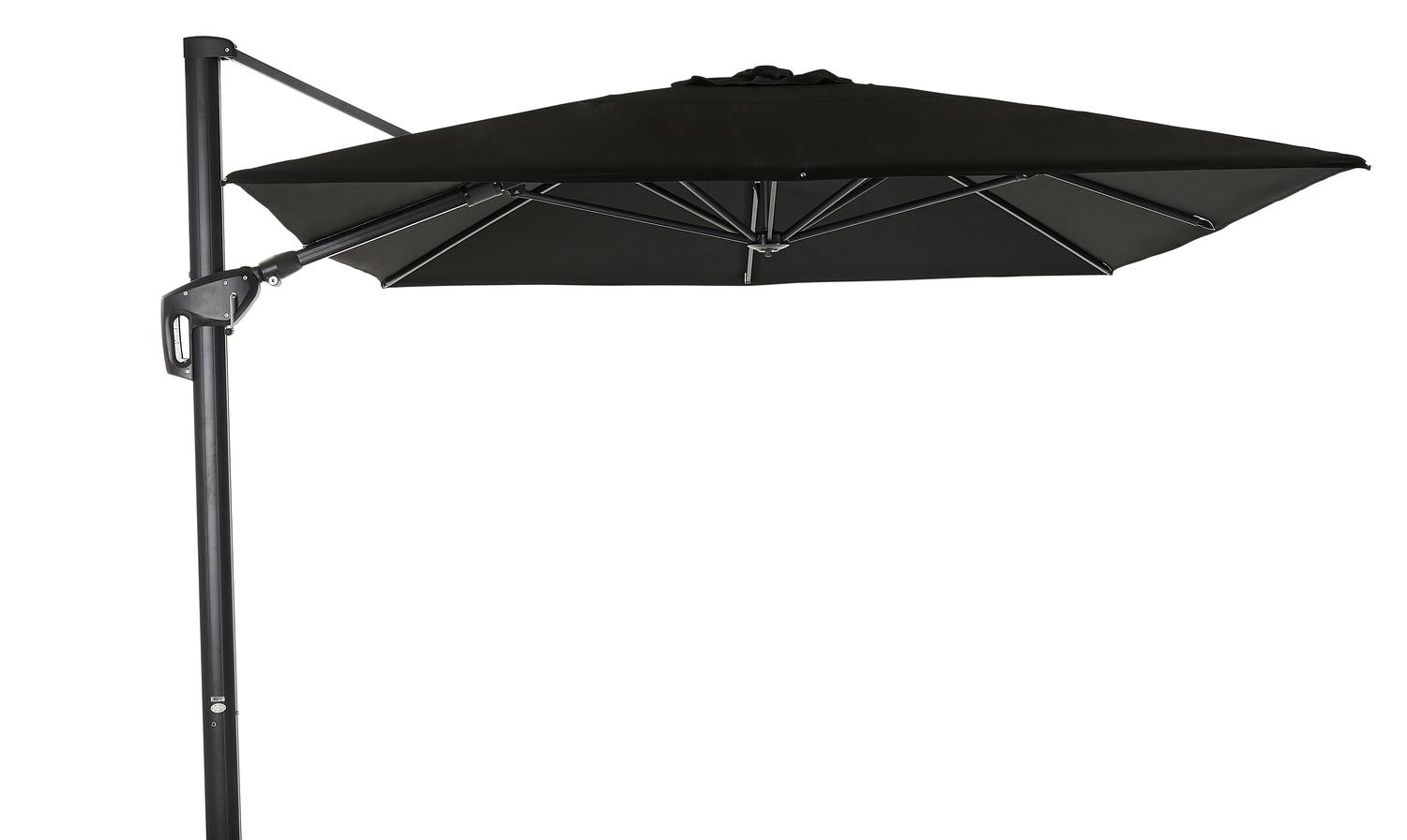 Minore zweefparasol met tiltfunctie in zwart aluminium met zwart all weather sunbrella® premium parasoldoek - L1 400 x L2 300 cm (zonder voet)
