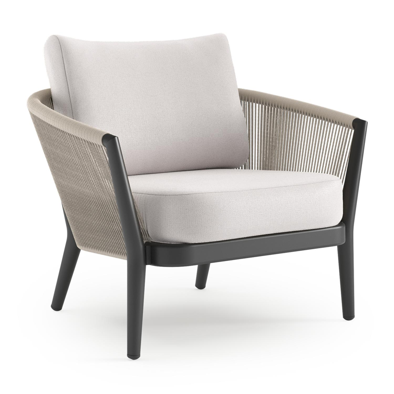 Orso loungestoel in zwart aluminium en beige verticaal geweven ronde rope met Savane Whisper all weather sunbrella® luxe kussen