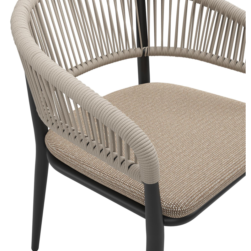 Tolfa stapelbare tuinstoel in zwart aluminium en beige verticaal geweven ronde rope met stoelkussen in All Weather Solica Firenze Earth