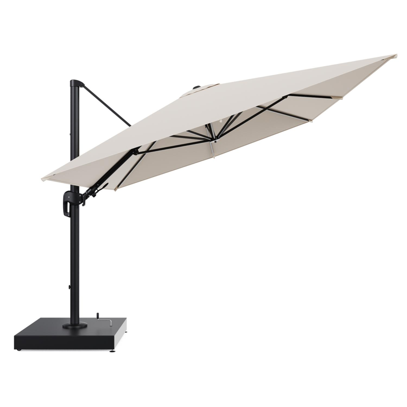 Rufina zweefparasol met tiltfunctie in zwart aluminium en Heritage Papyrus All Weather Sunbrella® Luxe parasoldoek - L1 400 x L2 300 cm met parasolvoet Minore 260 kg met wielen