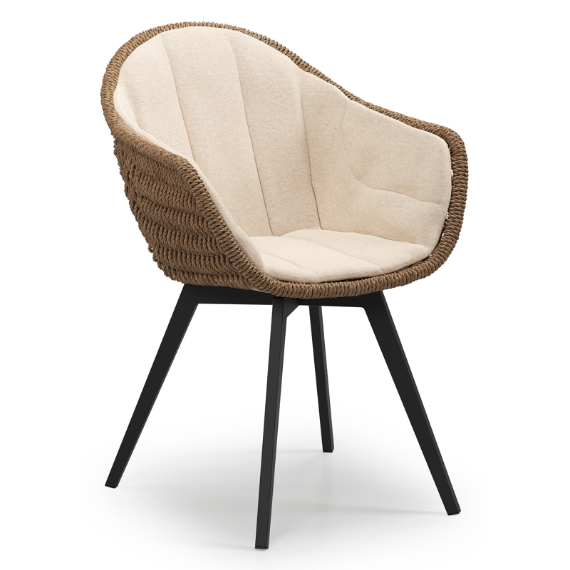 Pagino tuinstoel in zwart aluminium en bruin ronde wicker met zitkussen in All Weather Sunbrella® Luxe Heritage Papyrus