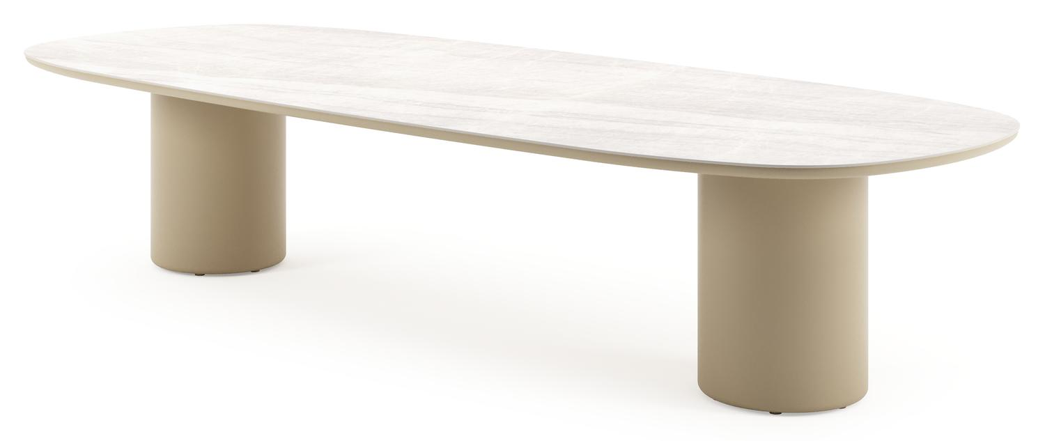 Amico low dining tuintafel bombo in beige aluminium en volkeramiek Taj Mahal - L 320 x B 130 x H 61 cm