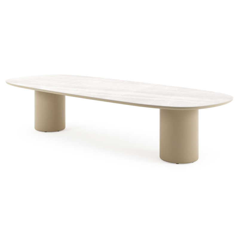 Table de jardin low dining Amico bombo en aluminium beige et céramique pleine Taj Mahal - Lg. 320 x Lrg. 130 x Haut. 61 cm