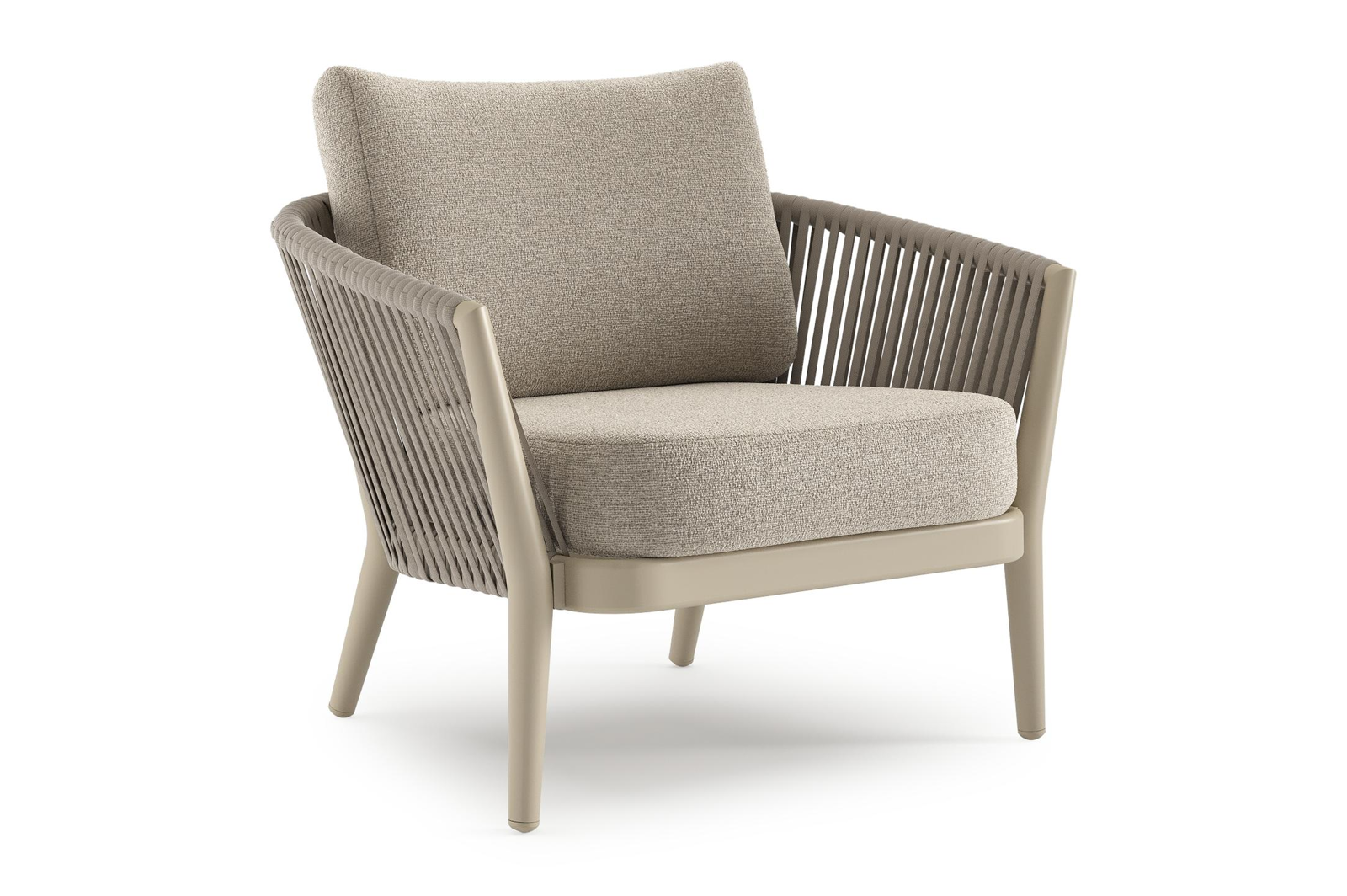 Fauteuil de jardin Orso en aluminium beige en corde luxe plate tissée verticalement beige et coussins en all weather cosytica Catania Greige